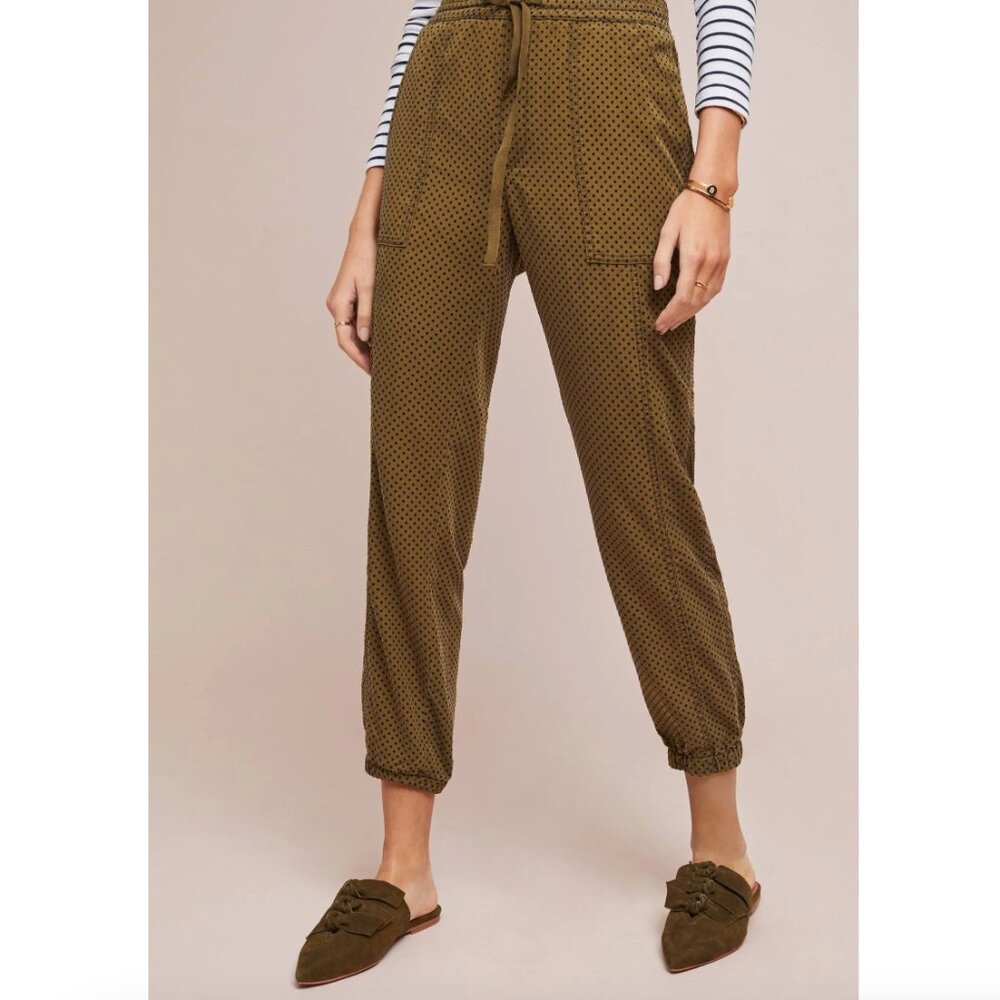 Anthropologie Flocked Joggers Polka Dot Pants Pockets Boho Olive Green Size S